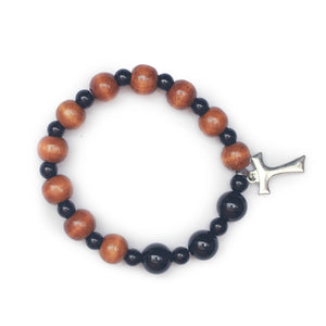 Wood & Polished Black Rosary Bracelet